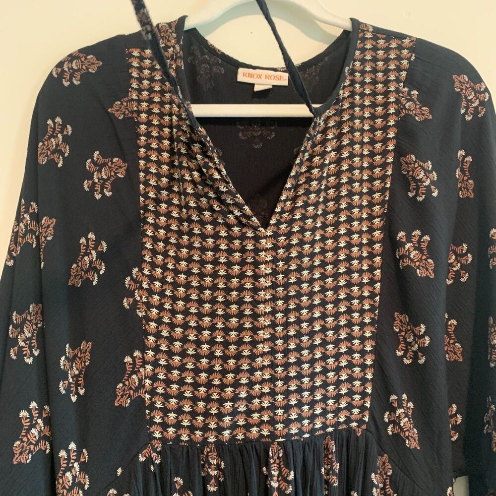 Knox Rose Womens Black Boho V Neck Tassel Loose Fit Mini Dress Rayon S - Picture 2 of 8